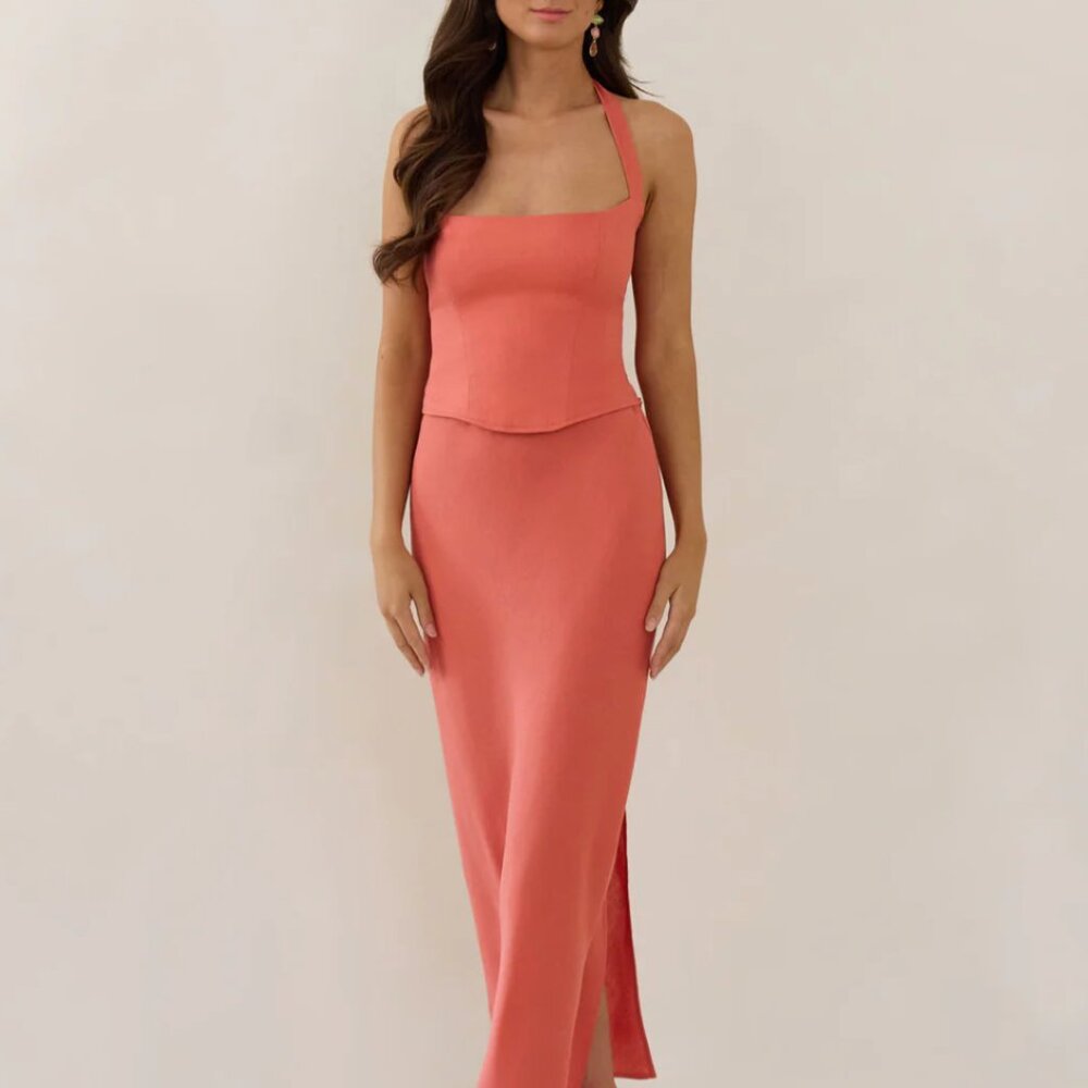 Coral Midi Linen Skirt Set